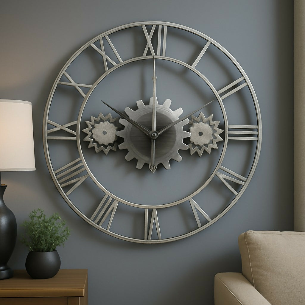 HOME DECOR Vintage Industrial Gear Wall Clock with Roman Numerals – Large Open Face Metal Clock for Living Room, Office, Hallway, and Cafe Decor – Antique Silver Finish with Silent Quartz Movement