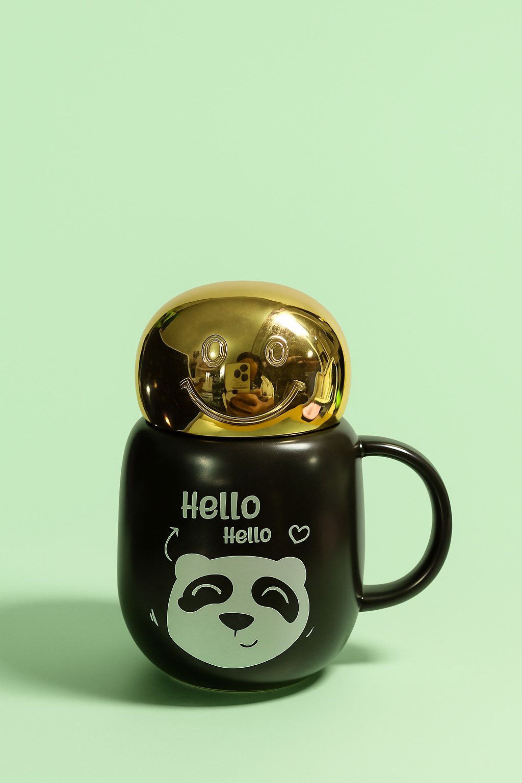 Hello Panda Black Ceramic Coffee Mug with Golden Smiley Lid