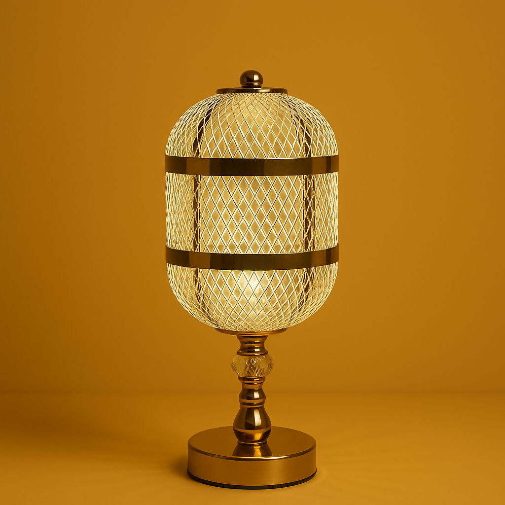HOME DECOR Luxury Metal Mesh Table Lamp with Crystal Accent and Warm LED Light | Modern Gold Finish Bedside Night Lamp for Bedroom, Living Room & Office Decor
