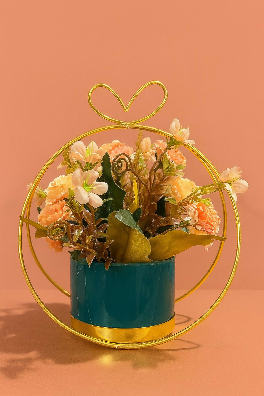 Artificial Flower Pot with Golden Metal Frame & Ceramic Planter | Decorative Faux Rose & Leaf Arrangement for Home, Office, Bedroom & Living Room Table Décor | Elegant Gift for Housewarming & Festivals