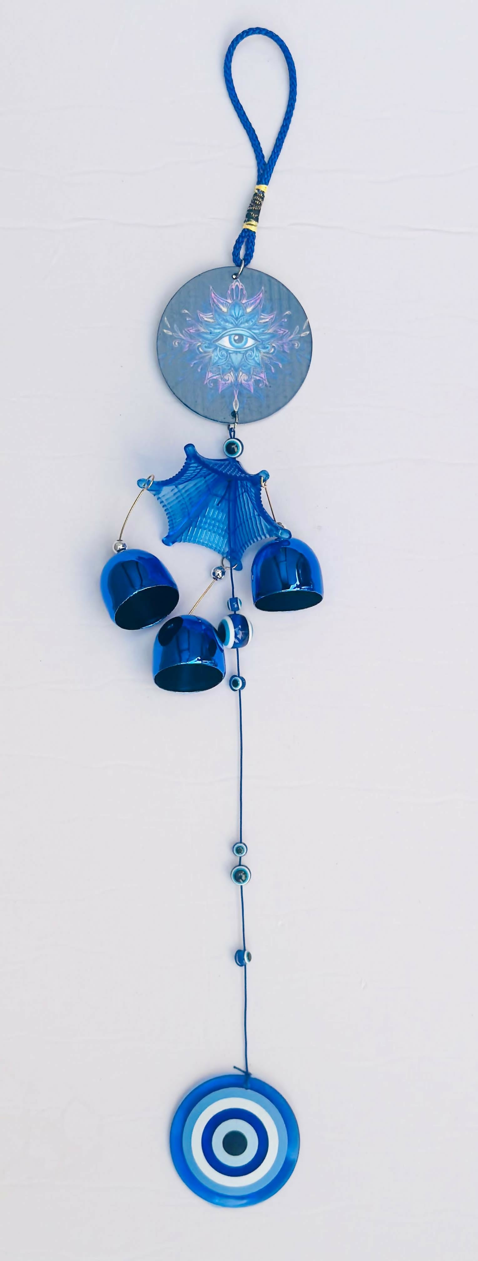 Mystical Evil Eye Wind Chime Hanging – Blue Metal Bells with Nazar Beads, All-Seeing Eye Disc & Tassel – Protective Boho Wall Decor for Home, Balcony, or Car Rearview Mirror