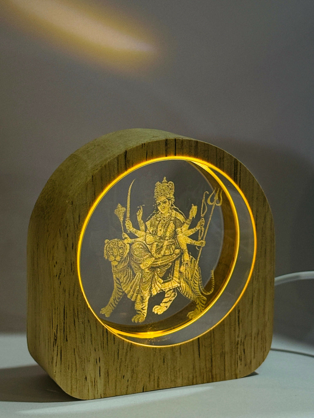 Wooden Frame LED Night Lamp with 3D Engraved Goddess Durga in Crystal Glass – USB Powered Table Light with Warm Yellow Glow | Spiritual Decorative Night Light for Home, Temple & Gifts (Handcrafted)
