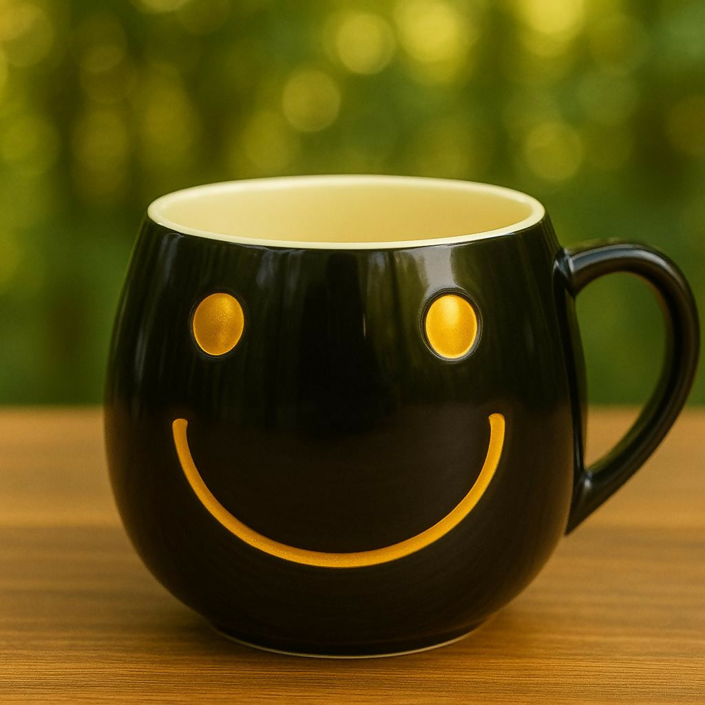GlowSmile Ceramic Mug – Black & Gold Smiley Face Coffee Cup