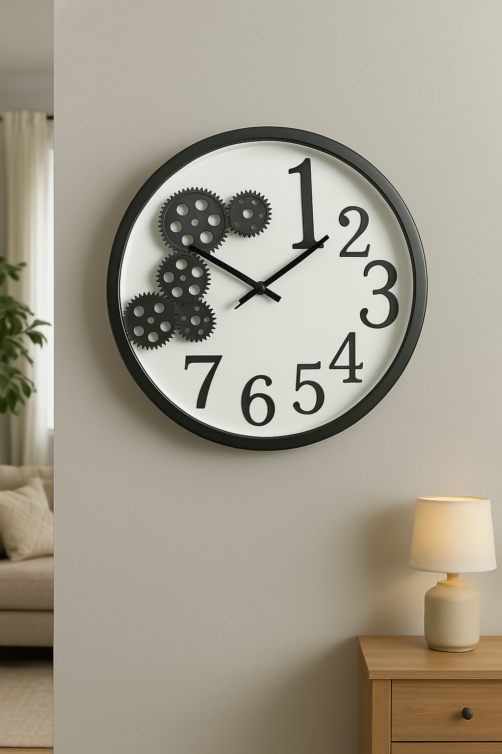 HOME DECOR Modern Industrial Wall Clock with Moving Gear Design – Black Frame Decorative Clock