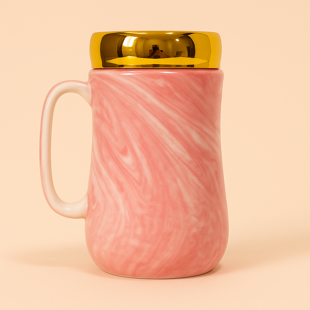 Elegant Pink Ceramic Mrs. Mug with Golden Lid – Marble Finish Coffee & Tea Cup for Women, Brides, Wives – Luxury Gift for Anniversary, Wedding, Engagement, or Valentine’s Day