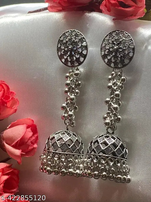 Oxidised Silver Plated Brass Long Jhumka Earring with Pearl Work for Women & Girls