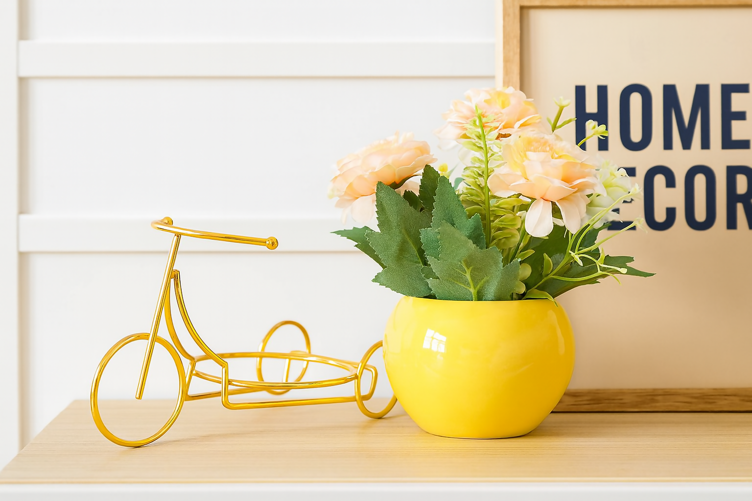 Golden Metal Bicycle Stand with Artificial Peach Roses in Glossy Yellow Ceramic Pot – Decorative Flower Arrangement for Home, Office & Gift Purpose