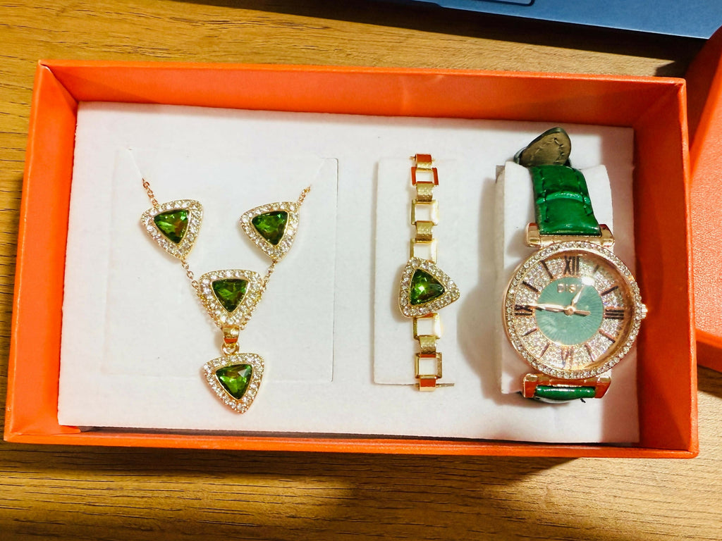 Elegant Women’s Green & Gold Jewelry Gift Set with Necklace, Bracelet, Earrings, and Designer Analog Watch | 4-in-1 Fashion Combo in Luxury Box for Birthday, Anniversary & Festive Gifting