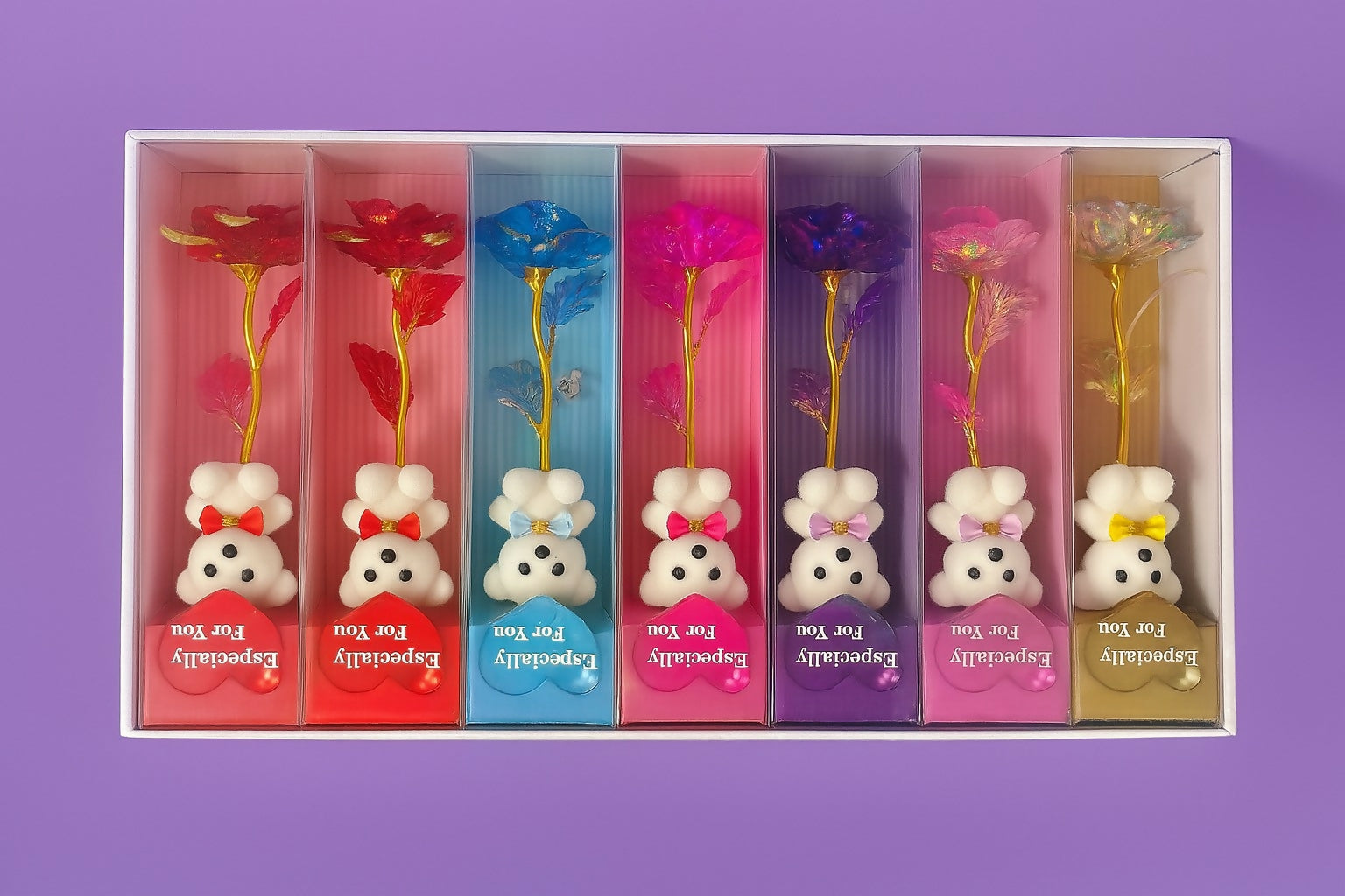 Set of 7 "Especially for You" Teddy with Eternal Golden Rose Gift Box – Multicolor Decorative Rose and Cute Bear Combo for Gifting, Love, Anniversary, Birthday, Valentine’s Day – Premium Romantic Gift Set