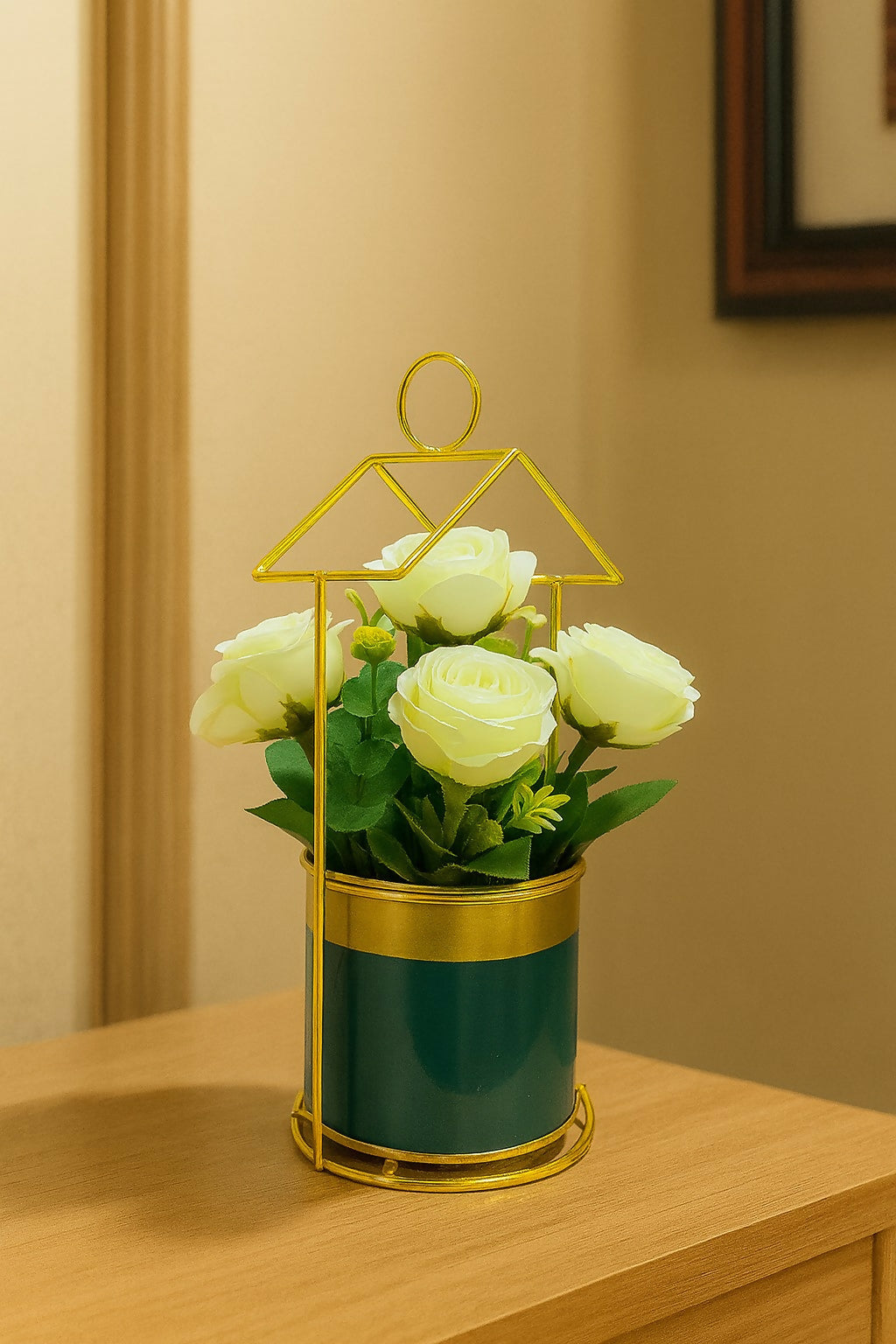 Artificial Pink and Cream Rose Flower Arrangement in Dark Green & Gold Metal Pot with Geometric Stand – Elegant Decorative Centerpiece for Home, Office, and Gifting
