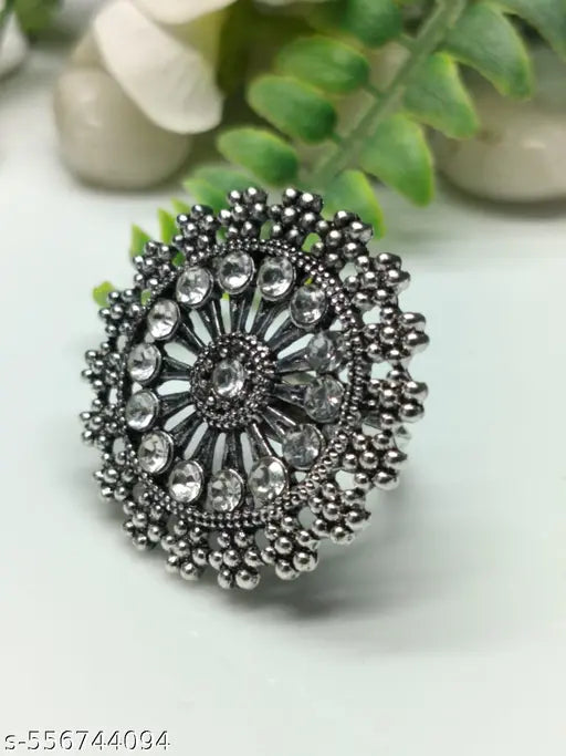 Silverplated Oxidised Big Adjustable Finger Ring studed With Artificial Stones
