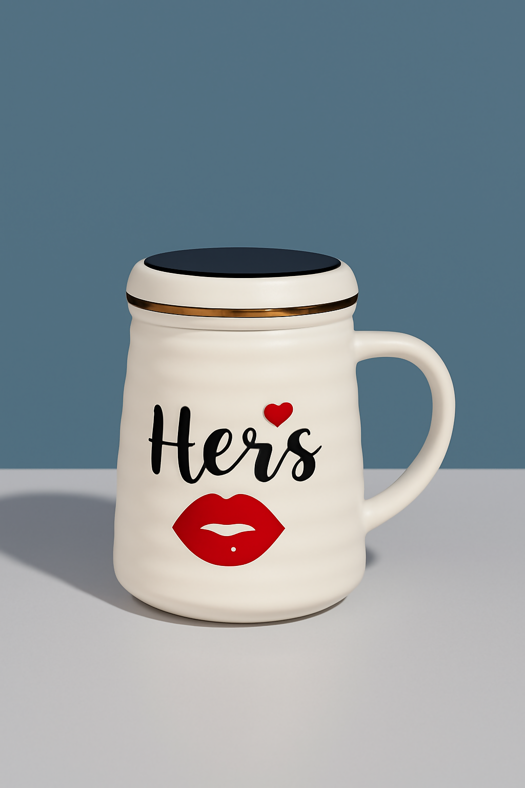 Cute White Ceramic "Hers" Mug with Red Lip Print and Lid – Romantic Coffee Mug with Heart Design for Women – 350 ml Gift for Girlfriend, Wife, or Valentine