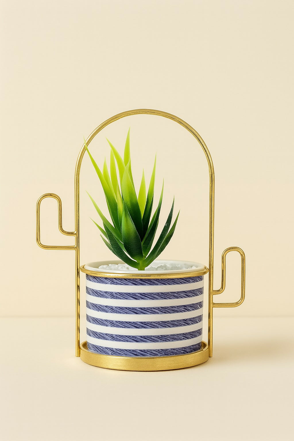 Luxury Golden Metal Frame Ceramic Planter with Artificial Green Plant – Striped Pot Design, Modern Home Decor Accent for Living Room, Office & Gifting