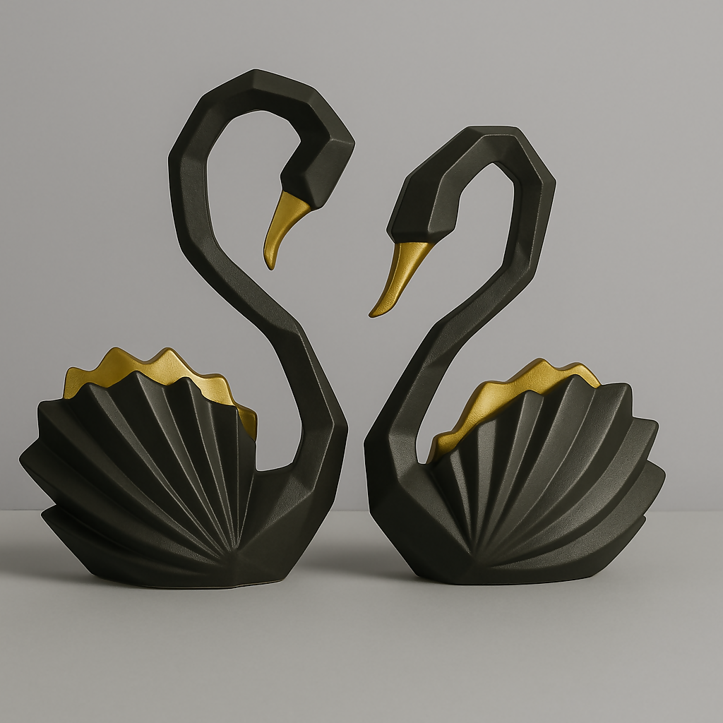 HOME DECOR Black & Gold Swan Couple Sculpture Set – Modern Romantic Home Decor Figurines