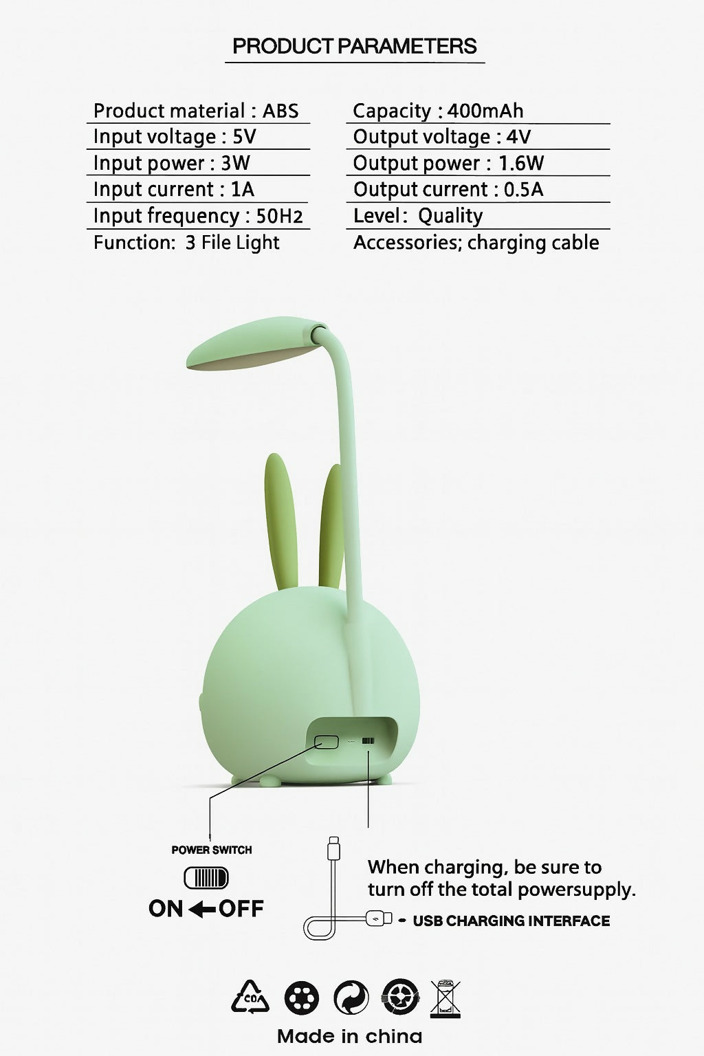 Cute Bunny Face Night Lamp with LED Desk Light – USB Rechargeable, 360° Flexible Hose, Eye-Caring Study & Reading Light for Kids Bedroom, Study Table & Home Décor