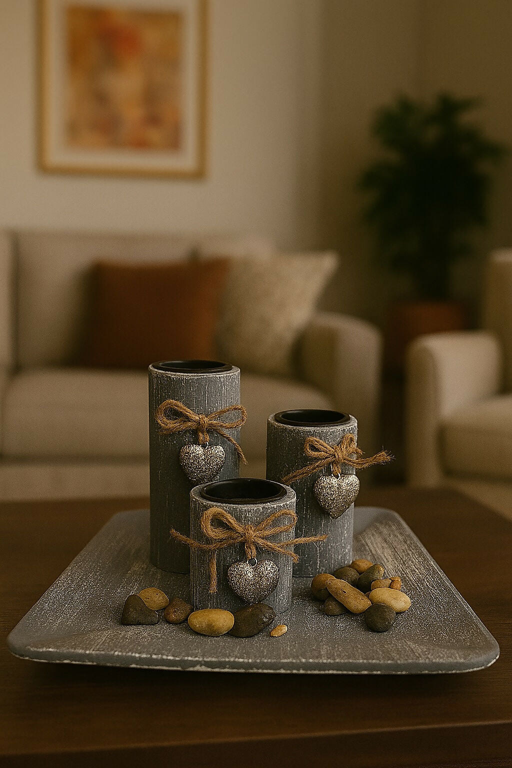 Rustic Grey Heart-Themed Candle Set with Decorative Tray – Scented Pillar Candles with Jute Bows and Stones for Home Decor, Living Room, and Gift Use