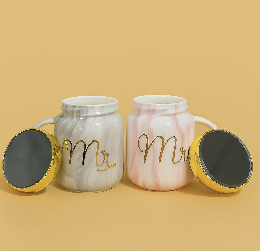 Marble Finish Mr and Mrs Ceramic Mug Set with Golden Lids – Grey & Pink Couple Coffee Mugs in Gift Box – Premium Tea Cups for Anniversary, Engagement, Valentine’s Day – Ceramic Tableware Set