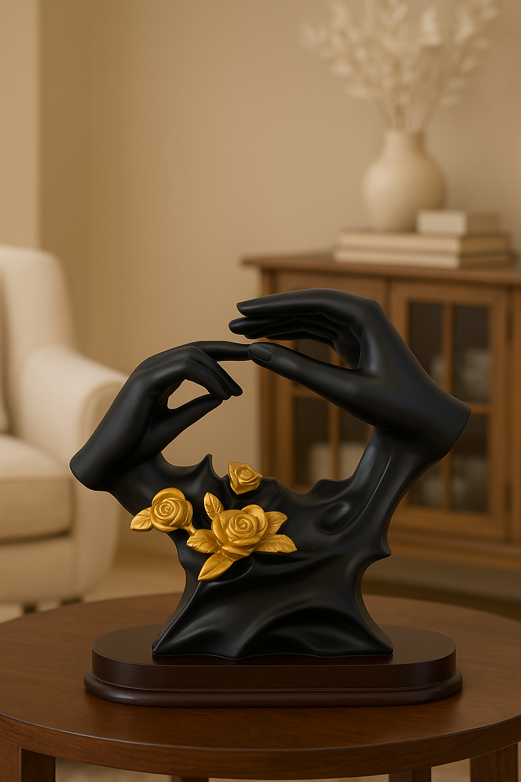 Black Resin Hand Sculpture with Golden Roses – Luxury Abstract Showpiece for Home Decor, Office Desk & Gifting
