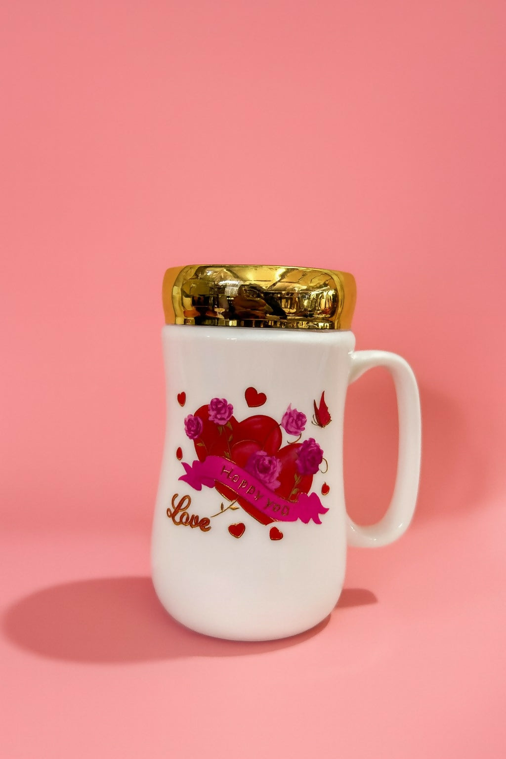 Romantic Love Ceramic Coffee Mug with Golden Lid – White Printed Cup with Heart & Rose Design | Gift Mug for Couples, Anniversary, Valentine, Birthday & Special Occasions