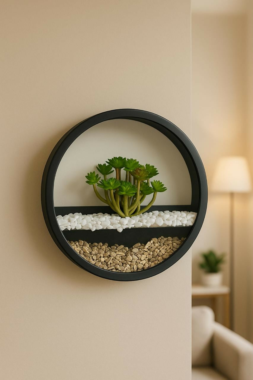HOME DECOR Round Wall Hanging Frame with Artificial Green Plant and Decorative Pebbles – Modern Circular Wall Mounted Planter for Home Decor, Living Room, Bedroom, Office – Black Metal Frame