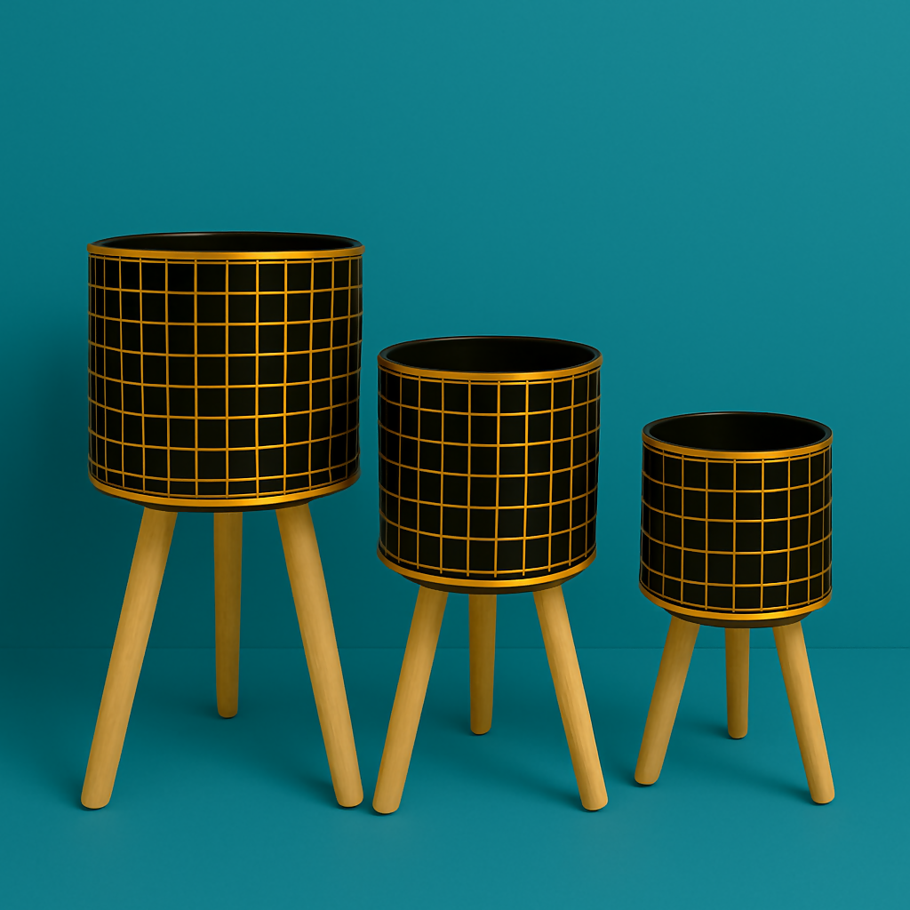 HOME DECOR Set of 3 Modern Black & Gold Grid Planters with Wooden Stands – Decorative Metal Plant Pots
