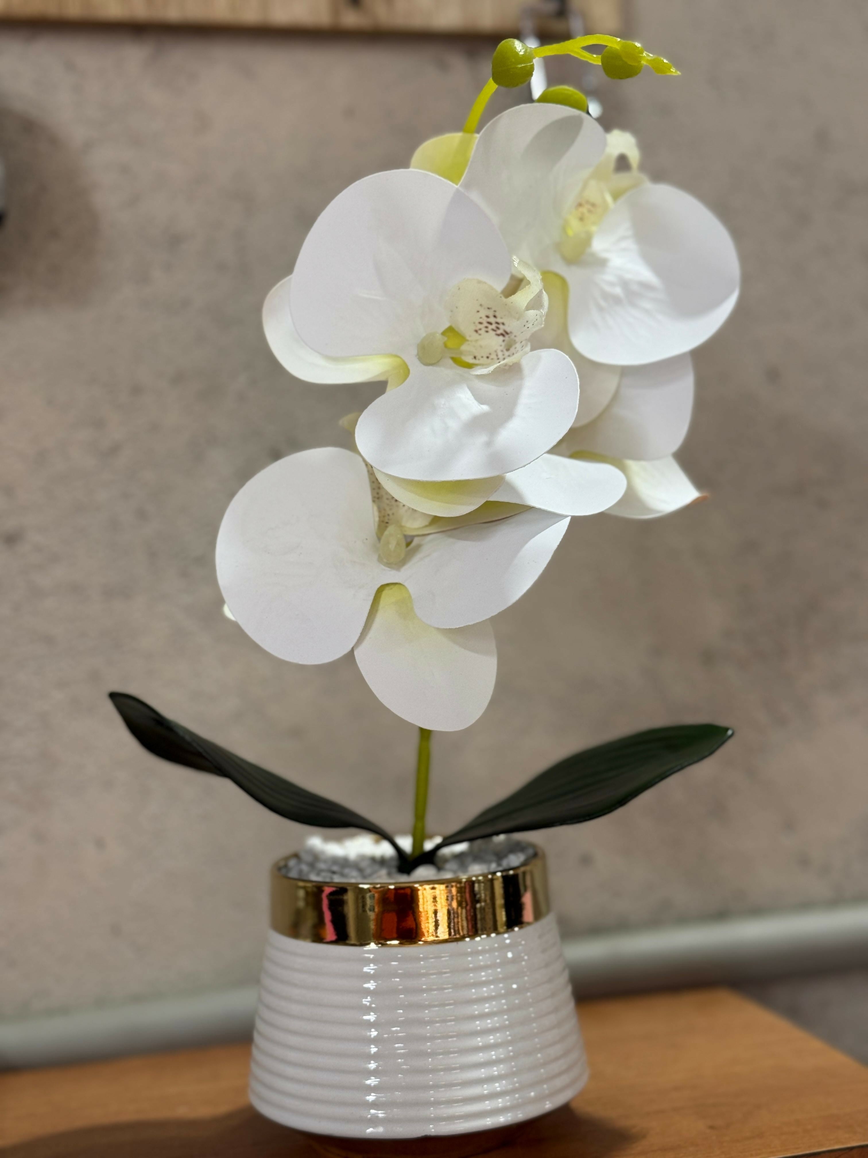 Elegant Artificial White Orchid Flower Plant with Ceramic Pot – Faux Orchid Arrangement with White Pebbles for Home, Office, Living Room, Tabletop & Gifting