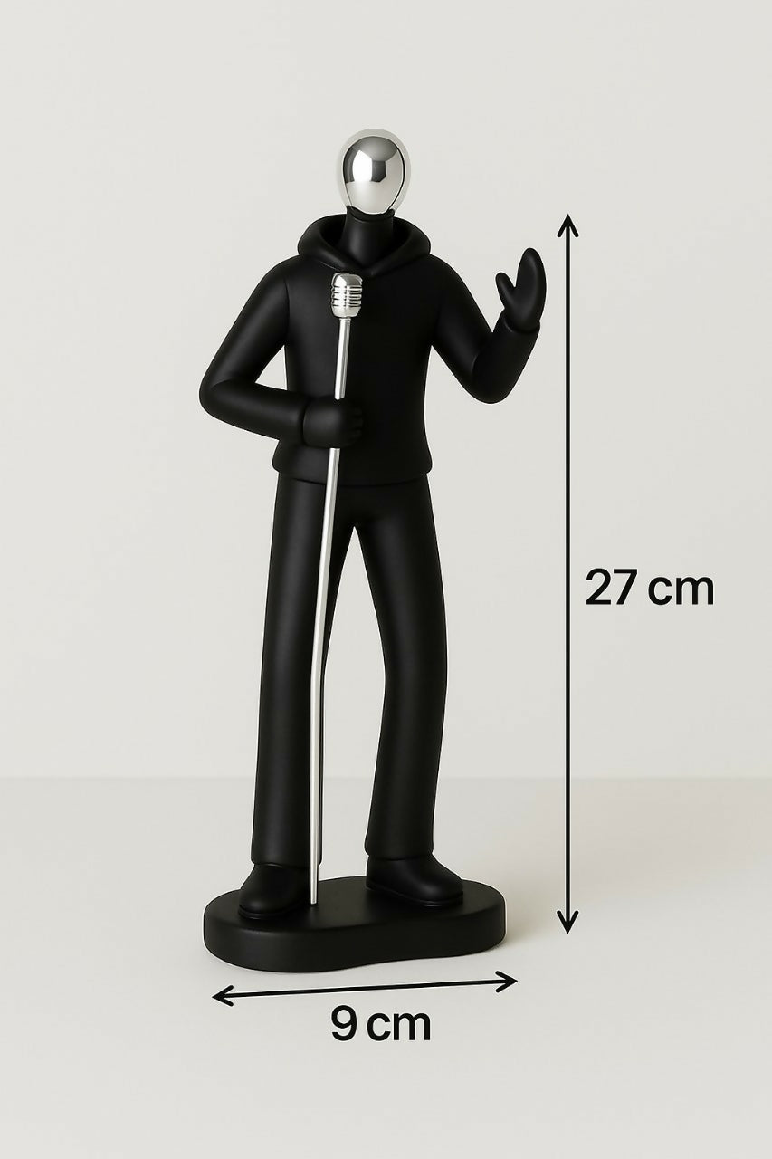 HOME DECOR Black Resin Singer Figurine with Microphone – Modern Musician Decor