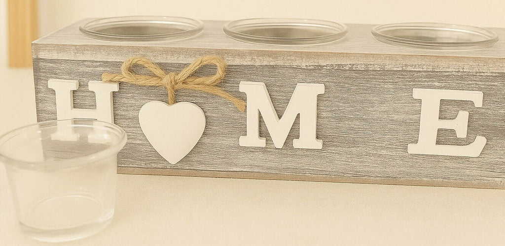 Rustic Wooden 'HOME' Tealight Candle Holder with Glass Cups – Farmhouse Style Decorative Centerpiece with Jute Bow and Heart Accent – Tabletop Decor for Living Room, Entryway, Mantel, or Housewarming Gift 3 candles
