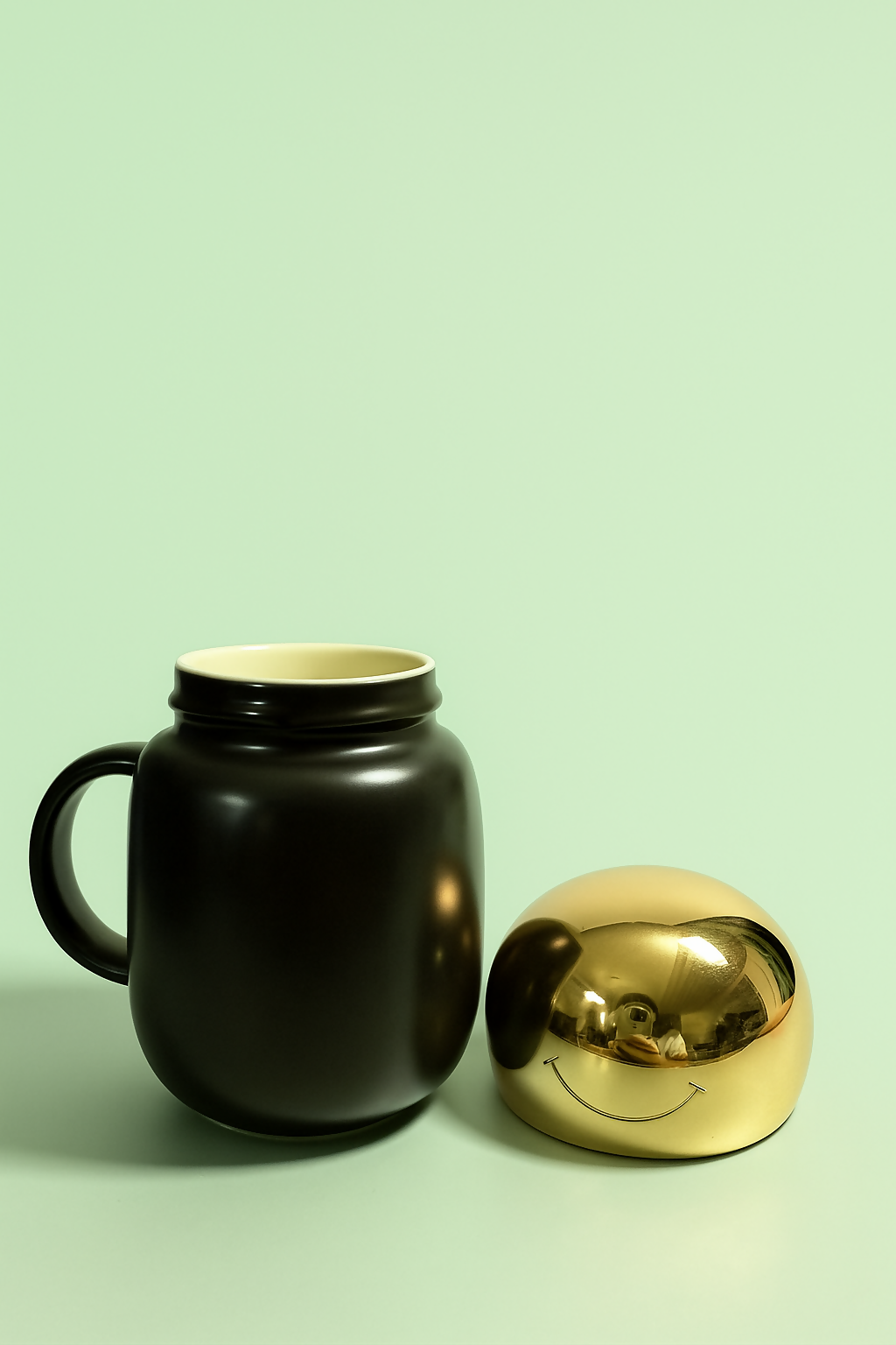 Hello Panda Black Ceramic Coffee Mug with Golden Smiley Lid