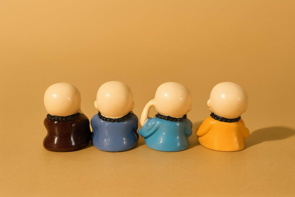 Set of 4 Cute Laughing Monk Figurines – Hear No Evil, See No Evil, Speak No Evil & Think Wisely Statues – Resin Decorative Mini Monks for Home, Office, Car Dashboard, Meditation Space, Feng Shui Gift