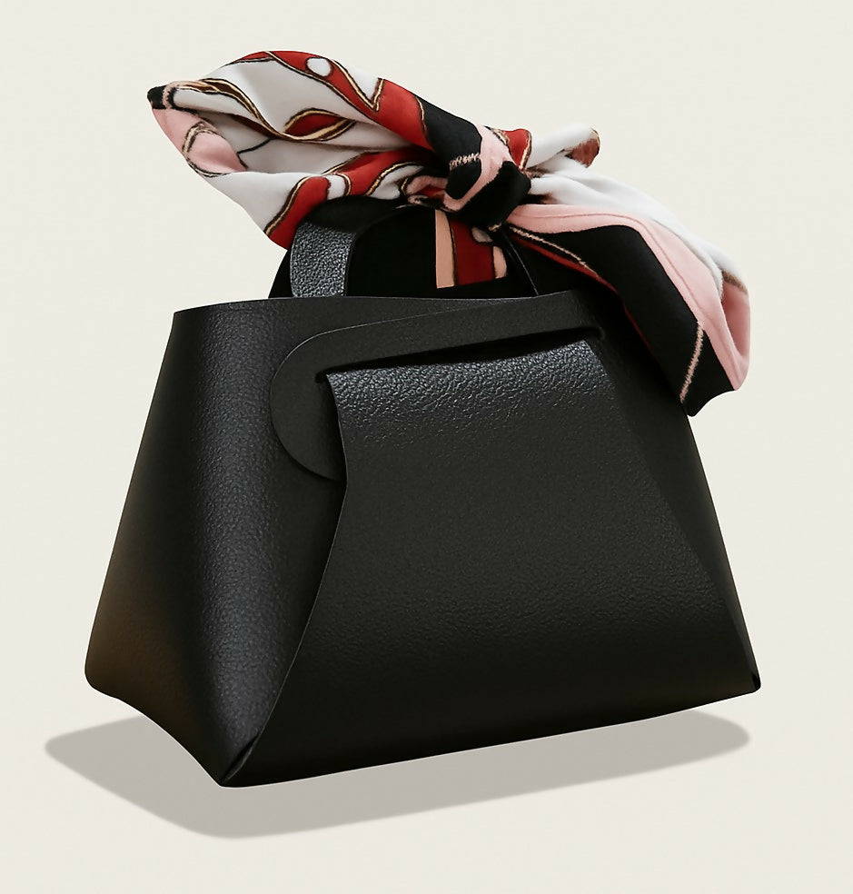 Premium Black PU Leather Mini Pouch with Printed Fabric Bow | Small Return Gift Bag, Candy/Jewelry Storage Box for Girls & Women, Elegant Gift Packing Bag
