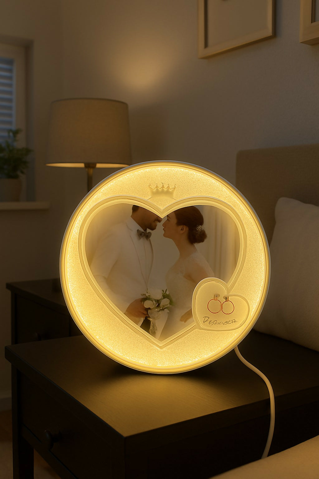 Romantic Heart-Shaped LED Photo Frame with Warm Golden Glow | Personalized Wedding Anniversary Gift for Couples | Decorative Night Light for Bedroom, Living Room & Gifting