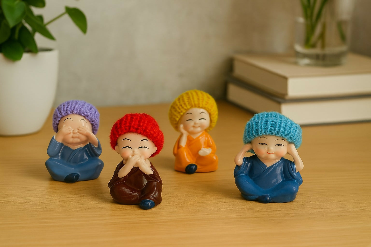 Set of 4 Cute Resin Monk Figurines with Colorful Woolen Caps – Hear No Evil, See No Evil, Speak No Evil, Think No Evil – Decorative Showpieces for Home, Office, Car Dashboard, Gifting & Feng Shui