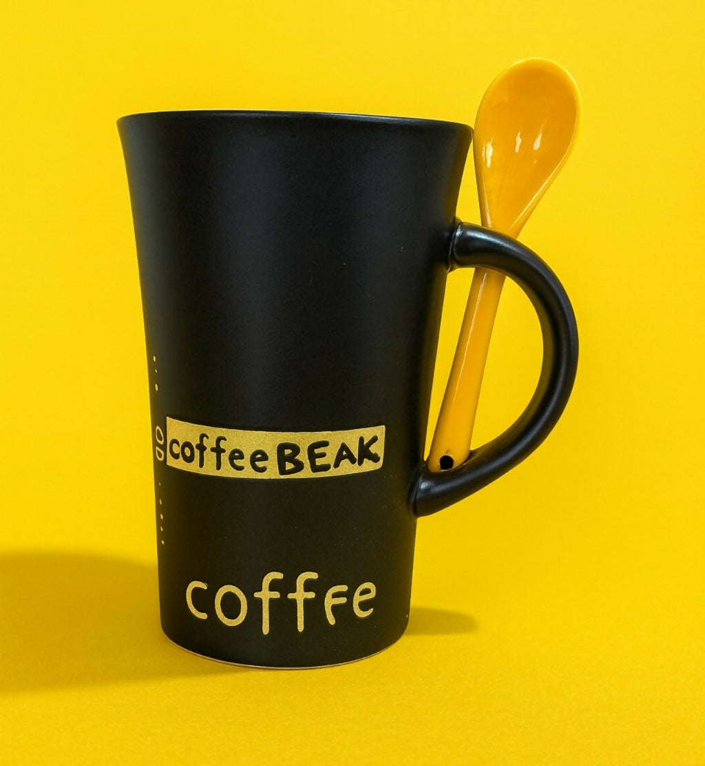 Black Ceramic Coffee Mug with Yellow Spoon – Stylish Coffee Break Printed Tea & Coffee Cup with Handle Slot Spoon | Microwave & Dishwasher Safe Mug for Home, Office & Gifting