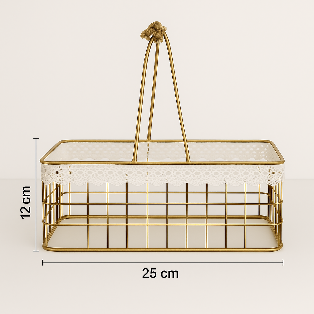 HOME DECOR Elegant Golden Metal Storage Basket Set of 2 with Lace Trim – Vintage Decorative Organizer Caddy for Kitchen, Bathroom, Vanity, Craft, Gift Hampers & Home Decor