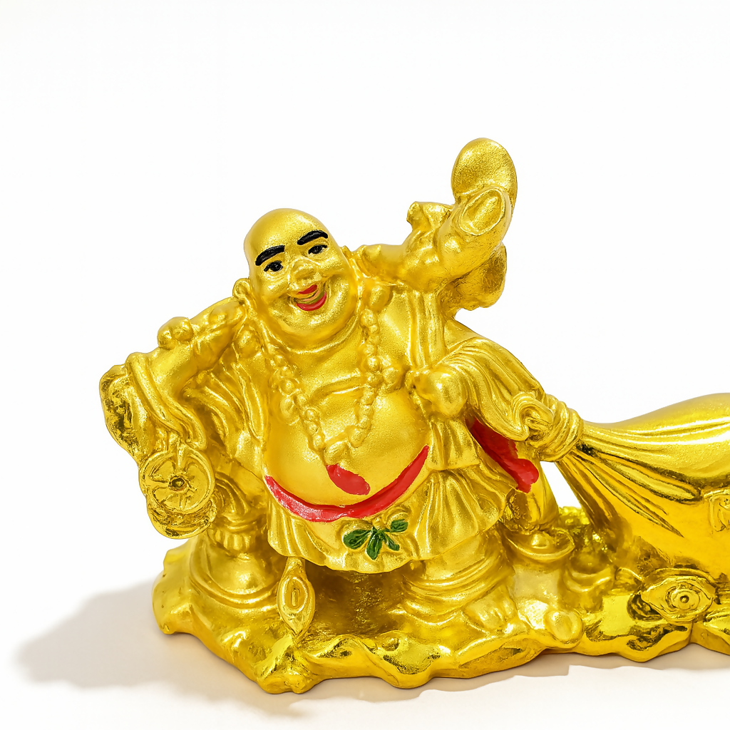Golden Laughing Buddha Idol with Wealth Bag – Feng Shui Prosperity Statue for Home Decor, Office Desk, Temple & Gifting – Resin Fortune Laughing Buddha Showpiece
