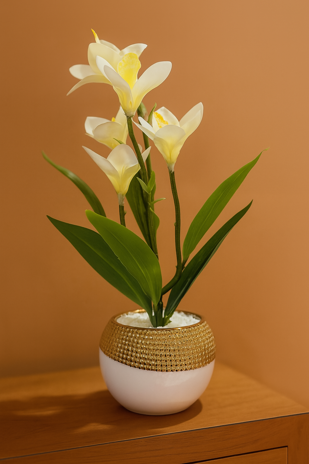 Elegant Artificial Cream Yellow Orchid Lily Flower Plant in Round White Pot with Golden Rim – Faux Floral Arrangement with Pebbles for Home, Office, Tabletop & Gifting