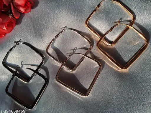 Square Shape Metallic Hoops Earrings Combo Set for Women and Girls (Set of 3)