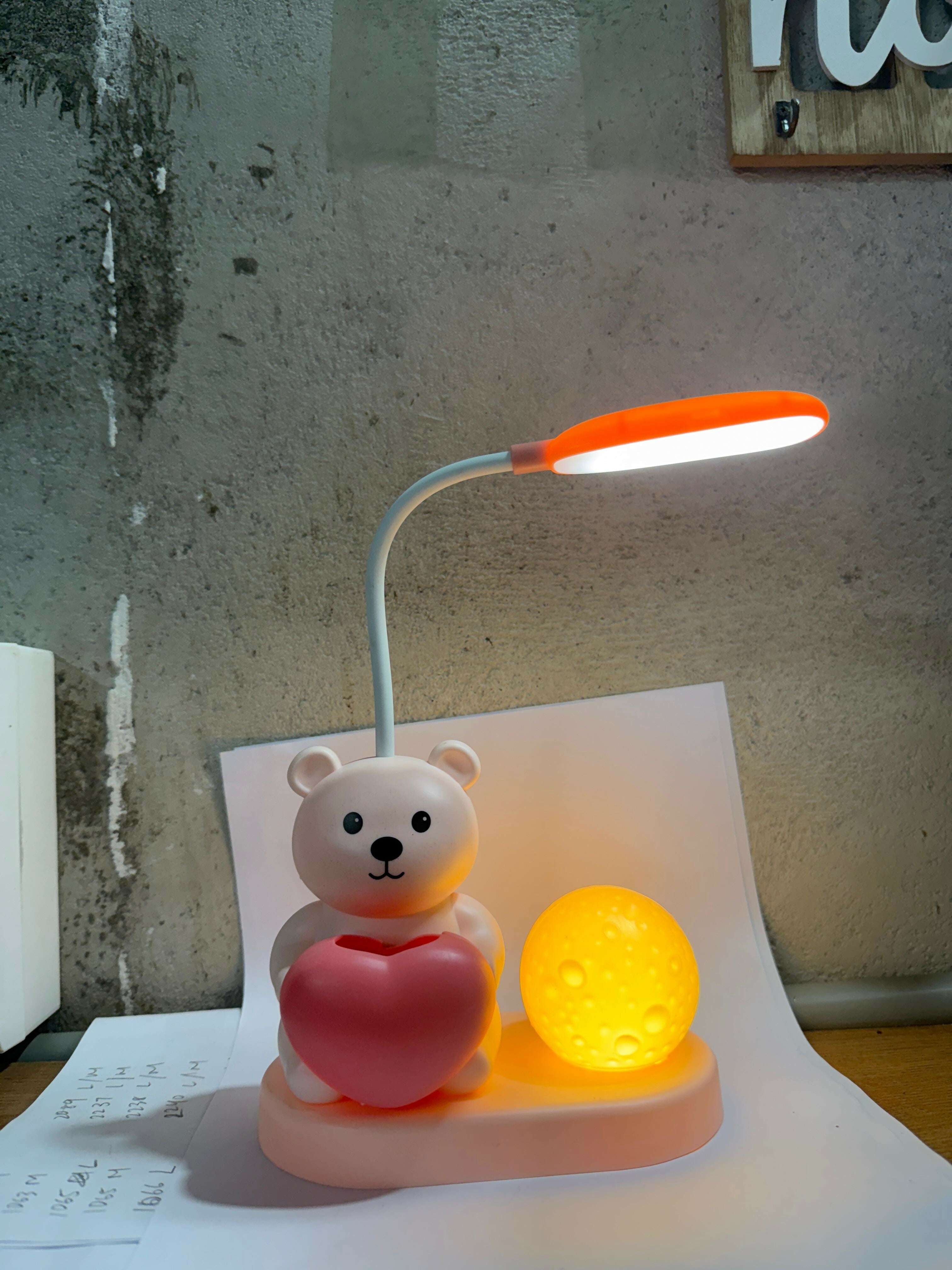 Adorable Bear Night Lamp with Heart & Moon Light – USB Rechargeable LED Desk Lamp for Kids, 3+ Ages, Flexible 360° Hose, Dual Lighting Modes (Night Light & Floodlight), Colorful Ambient Lighting