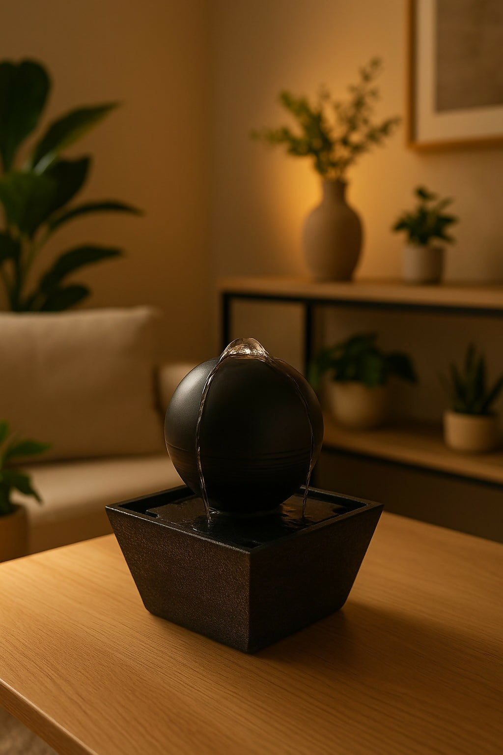 Minimalist Indoor Ball Water Fountain – Zen Tabletop Water Feature with Matte Black Finish for Home, Office & Meditation Spaces