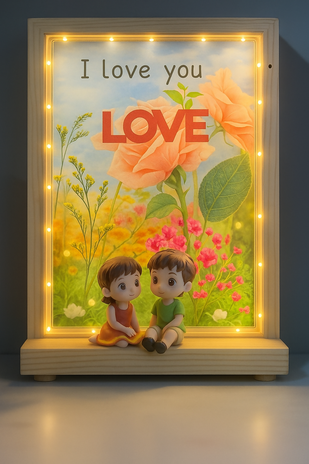 Love-Themed LED Wooden Display Case with Pink Rose Bouquet and Boy-Girl Figurines photo frame – Elegant Night Light and Sentimental Gift for Couples
