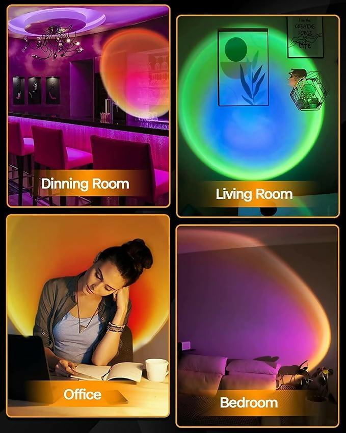 Sunset Projection Lamp with Remote – 16 Color LED Atmosphere Light for Aesthetic Room Décor, Photography, Parties & Ambience – Adjustable Stand, Rotating Head & Multi-Mode Effects