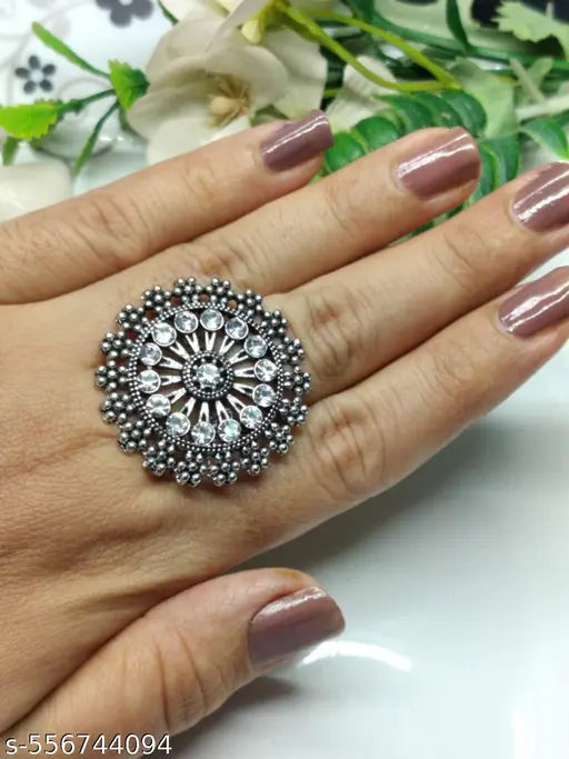 Silverplated Oxidised Big Adjustable Finger Ring studed With Artificial Stones