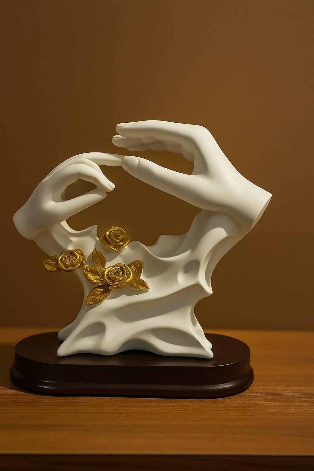 HOME DECOR Elegant Abstract Hand Sculpture with Golden Roses – Modern Resin Art Showpiece for Living Room, Office, or Bedroom Décor – Matte White & Gold Table Accent with Wooden Base