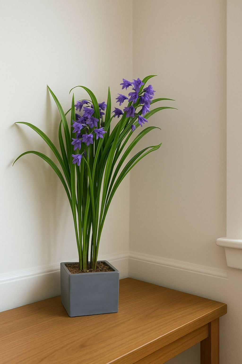 HOME DECOR Artificial Purple Bellflower Plant with Pot – Realistic Faux Floral Arrangement with Green Leaves in Grey Planter – Decorative Tabletop Flower Pot for Home, Office, and Gifting