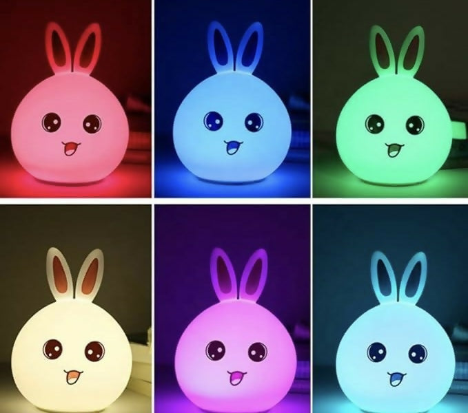 Multicolor Silicone LED Bunny Night Lamp for Kids – Soft Touch Sensor Cute Rabbit Lamp for Bedroom, Nursery, and Gifting – Rechargeable Bedside Light with 7 Color Changing Modes