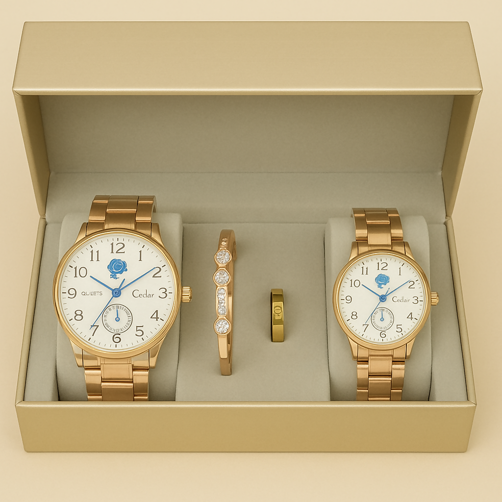 Luxury Gold Couple Wrist Watch Gift Set with Matching Bracelet and Ring – Elegant His & Her Analog Watch Combo for Anniversary, Wedding, or Special Occasions