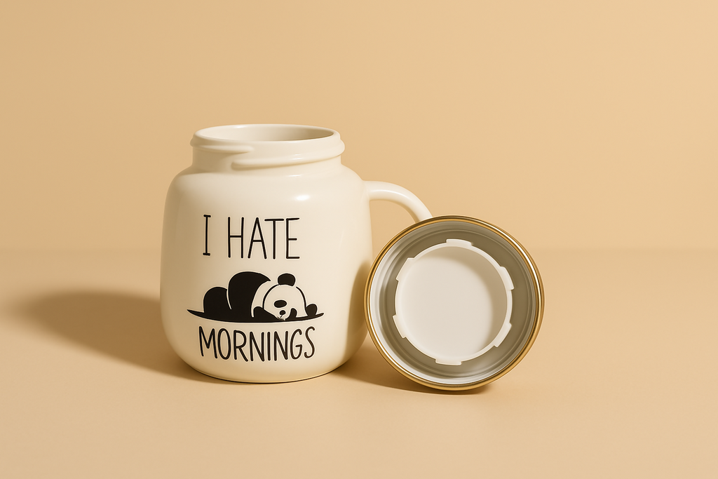 Cute Panda Ceramic Coffee Mug with Golden Lid – “I Hate Mornings” Design