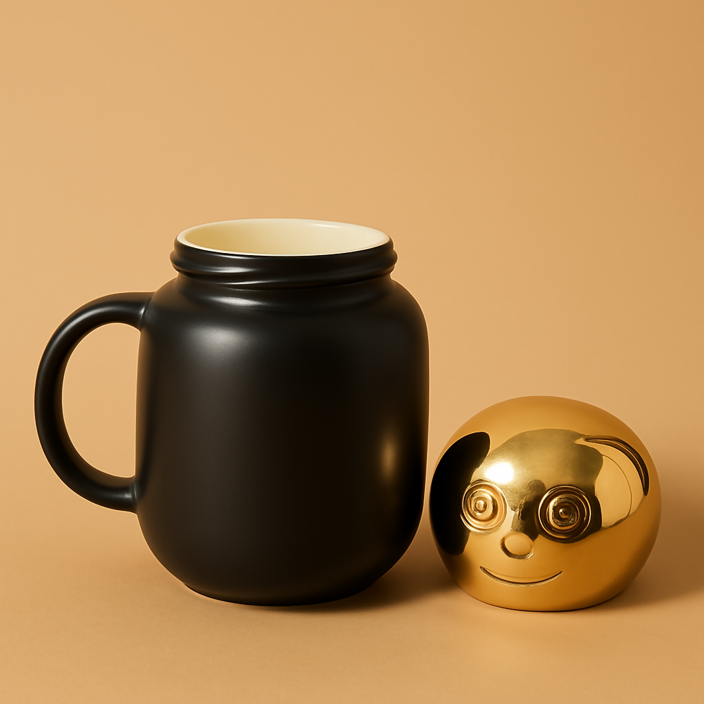 Hello Panda Black Ceramic Coffee Mug with Golden Smiley Lid