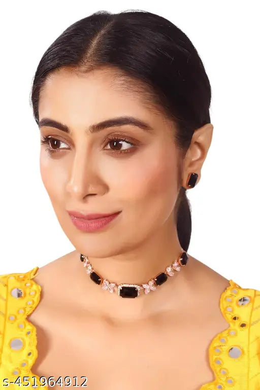 AD Stone Nacklace Earring Chocker Set With Black Stone